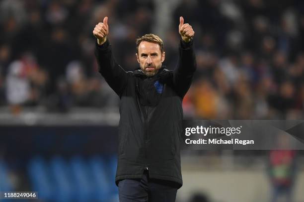 Gareth Southgate, Head Coach of England acknowledges the fans after the UEFA Euro 2020 Qualifier between Kosovo and England at the Pristina City...