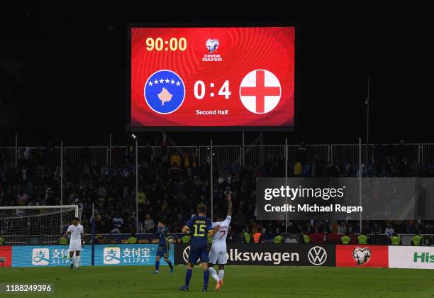 The scoreboard is seen at full-time during the UEFA Euro 2020 Qualifier between Kosovo and England at the Pristina City Stadium on November 17, 2019...