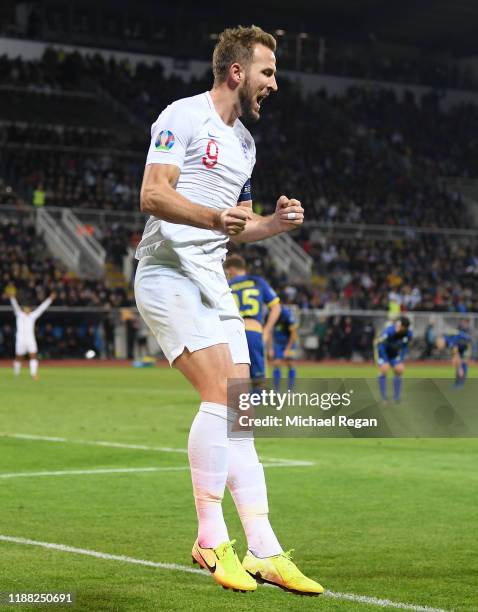 Harry Kane of England celebrates after scoring his team's second goal during the UEFA Euro 2020 Qualifier between Kosovo and England at the Pristina...