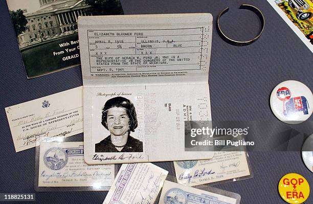 Display case contains personal effects of former first lady Betty Ford at the Gerald R. Ford Presidential Library July 11, 2011 in Ann Arbor,...