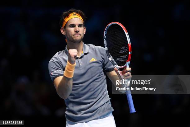 Dominic Thiem of Austria celebrates in his singles final match against Stefanos Tsitsipas of Greece during Day Eight of the Nitto ATP Finals at The...