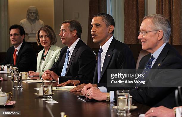 President Barack Obama meets with House Majority Leader Rep. Eric Cantor , House Minority Leader Rep. Nancy Pelosi , Speaker of the House Rep. John...