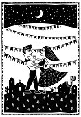 Dancing in the moonlight. Cute couple dancing. Big party Festa junina traditional Brazilian woodcut style vector illustration