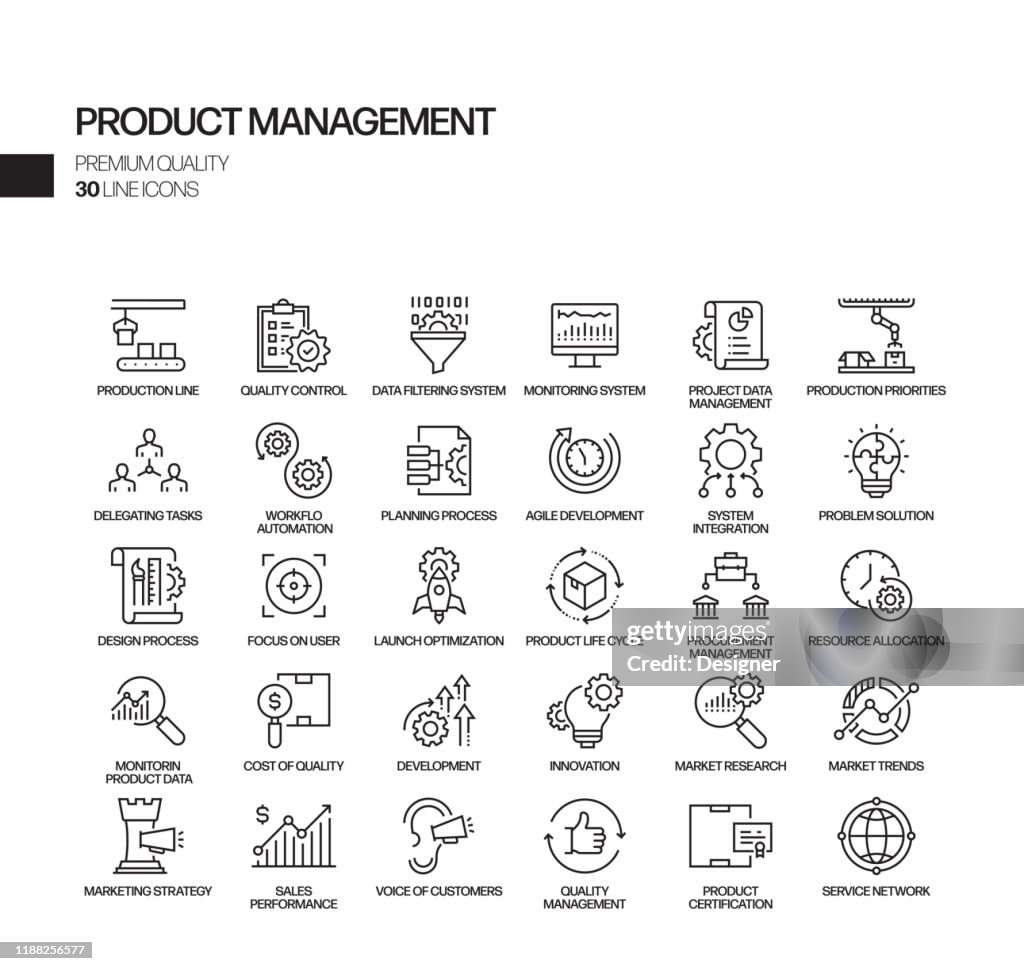 Conjunto simple de iconos de línea vectorial relacionados con la gestión de productos. Colección de símbolos de esquema.