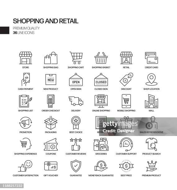simple set of shopping and retail related vector line icons. outline symbol collection. - boutique stock illustrations