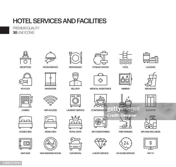simple set of hotel services and facilities related vector line icons. outline symbol collection. - hotel concierge stock illustrations