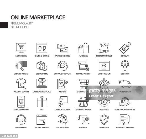 ilustraciones, imágenes clip art, dibujos animados e iconos de stock de conjunto simple de iconos de línea vectorial relacionados con marketplace en línea. colección de símbolos de esquema. - encargar