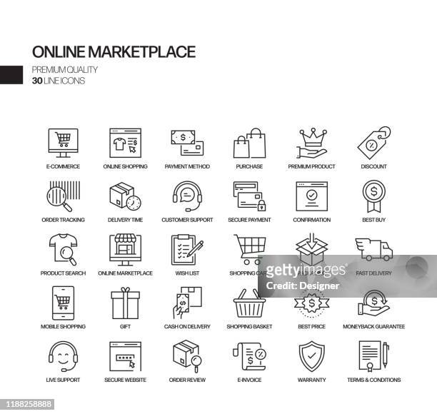 simple set of online marketplace related vector line icons. outline symbol collection. - demanding stock illustrations