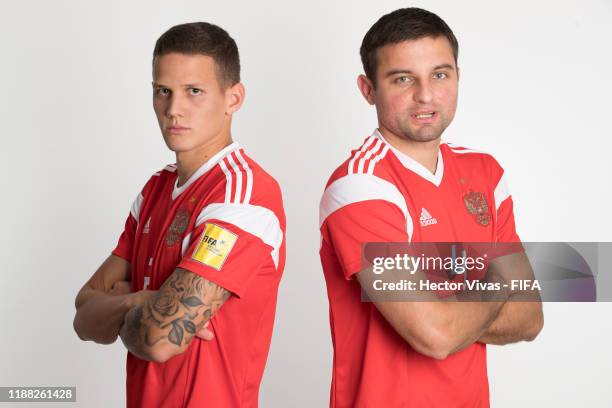 Andrei Novikov and Alexey Makarov pose during the Russia team presentation prior to the FIFA Beach Soccer World Cup Paraguay 2019 on November 17,...