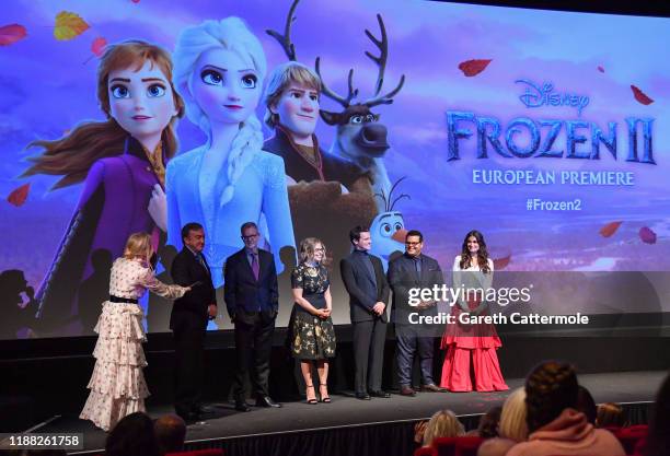 Edith Bowman, Peter Del Vecho, Chris Buck, Jennifer Lee, Jonathan Groff, Josh Gad and Idina Menzel attend the European Premiere of Disney's "Frozen...