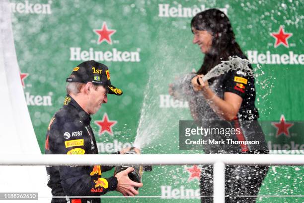 Race winner Max Verstappen of Netherlands and Red Bull Racing celebrates on the podium during the F1 Grand Prix of Brazil at Autodromo Jose Carlos...
