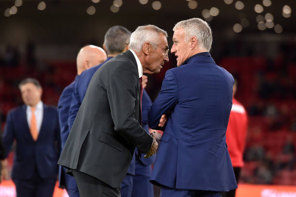 Head coaches Edoardo Reja of Albania and Didier Deschamps of France looks on before the UEFA Euro 2020 Qualifier between Albania and France at Arena...