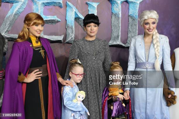 Lily Allen with her daughters Ethel Cooper and Marnie Rose Cooper attend the "Frozen 2" European premiere at BFI Southbank on November 17, 2019 in...
