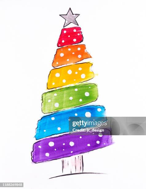 bunte malerei von lgbtqi regenbogen weihnachtsbaum mit stern auf der oberseite - gay christmas stock-grafiken, -clipart, -cartoons und -symbole