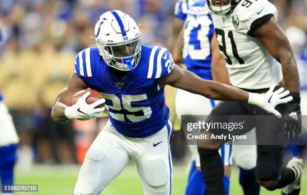 Marlon Mack of the Indianapolis Colts runs for a touchdown during the game against the Jacksonville Jaguars at Lucas Oil Stadium on November 17, 2019...