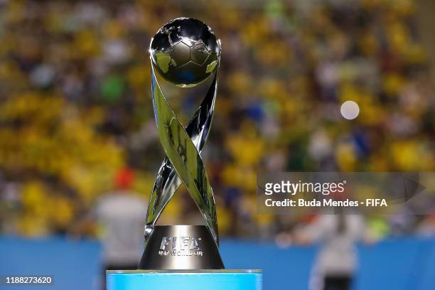Detailed view of the World Cup Trophy during the Final of the FIFA U-17 World Cup Brazil 2019 between Mexico and Brazil at the Estadio Bezerrão on...