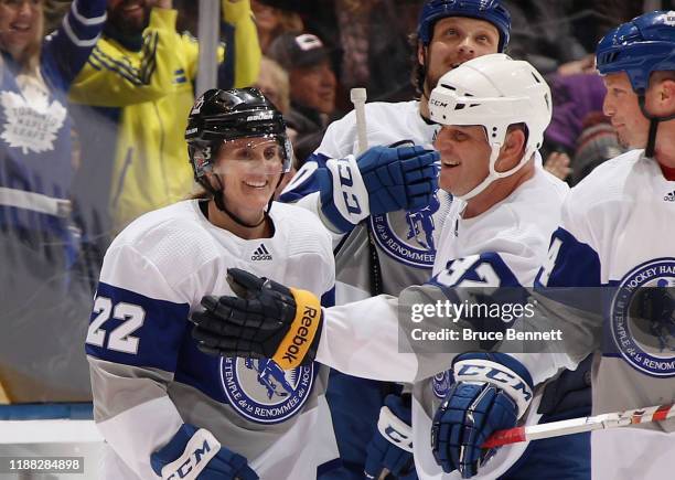 Hayley Wickenheiser celebrates her goal in the Legends Classic game at Scotiabank Arena on November 17, 2019 in Toronto, Ontario, Canada.