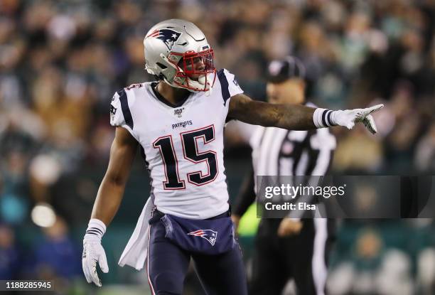 Keal Harry of the New England Patriots gestures during the first half against the Philadelphia Eagles at Lincoln Financial Field on November 17, 2019...