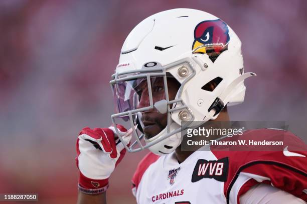 Running back David Johnson of the Arizona Cardinals stands on the sidelines during the second half of the NFL game against the San Francisco 49ers at...