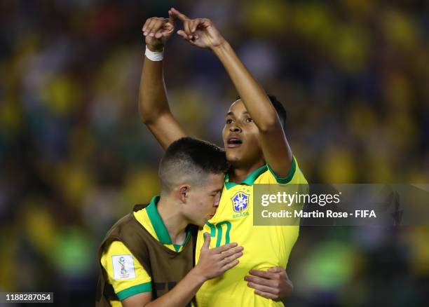 Lazaro of Brazil celebrates after scoring his sides second goal during the Final of the FIFA U-17 World Cup Brazil 2019 between Mexico and Brazil at...