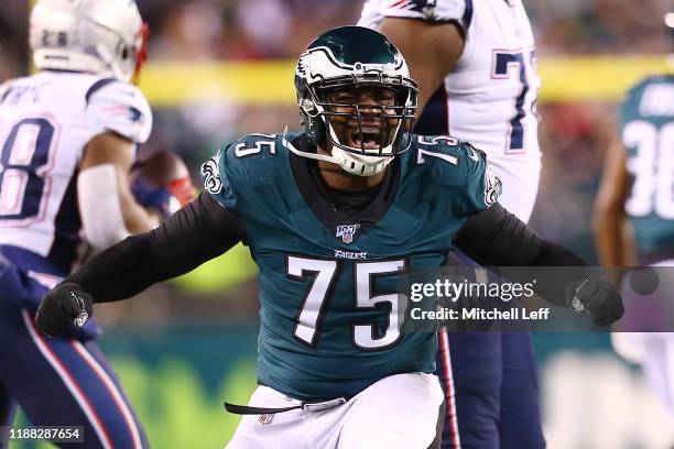 Vinny Curry of the Philadelphia Eagles celebrates after making a tackle during the third quarter against the New England Patriots at Lincoln...