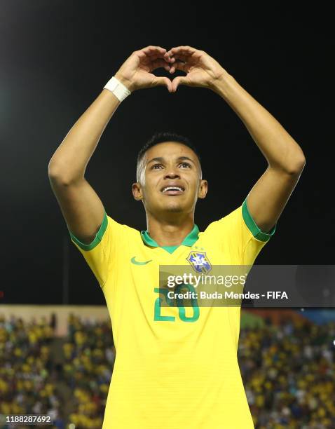 Lazaro of Brazil celebrates at the final whistle during the Final of the FIFA U-17 World Cup Brazil 2019 between Mexico and Brazil at the Estadio...