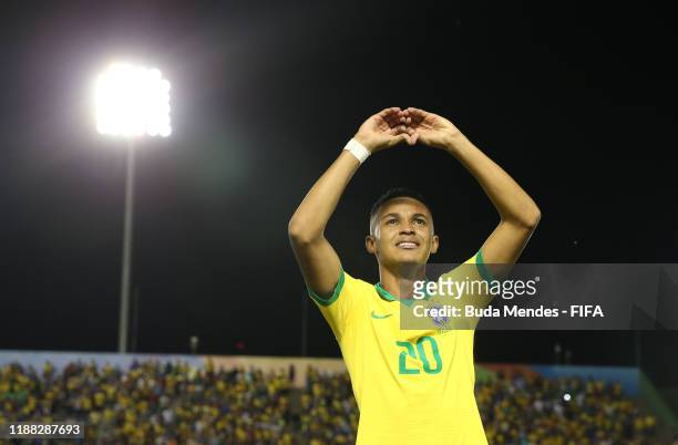 Lazaro of Brazil celebrates at the final whistle during the Final of the FIFA U-17 World Cup Brazil 2019 between Mexico and Brazil at the Estadio...