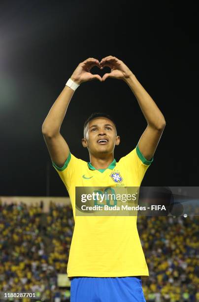 Lazaro of Brazil celebrates at the final whistle during the Final of the FIFA U-17 World Cup Brazil 2019 between Mexico and Brazil at the Estadio...