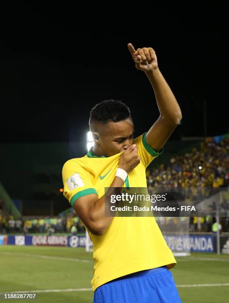 Lazaro of Brazil celebrates at the final whistle during the Final of the FIFA U-17 World Cup Brazil 2019 between Mexico and Brazil at the Estadio...