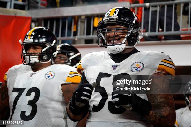 Ramon Foster of the Pittsburgh Steelers and Maurkice Pouncey prepare to walk out on to the field prior to the start of the game against the Cleveland...