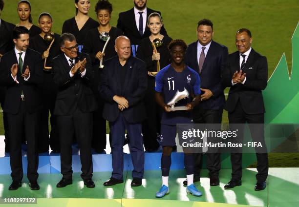 Nathanael Mbuku of France poses after winning the Silver Boot Award during the Final of the FIFA U-17 World Cup Brazil 2019 between Mexico and Brazil...