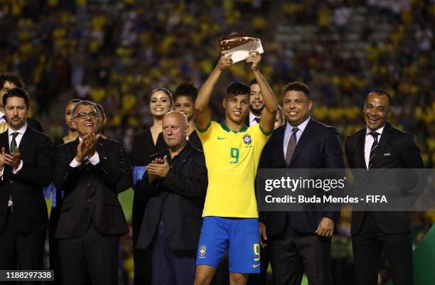 Kaio Jorge of Brazil is presented with the Bronze Boot Award during the Final of the FIFA U-17 World Cup Brazil 2019 between Mexico and Brazil at the...