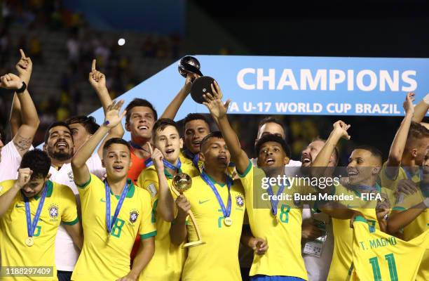 Henri of Brazil lifts the World Cup Trophy during the Final of the FIFA U-17 World Cup Brazil 2019 between Mexico and Brazil at the Estadio Bezerrão...