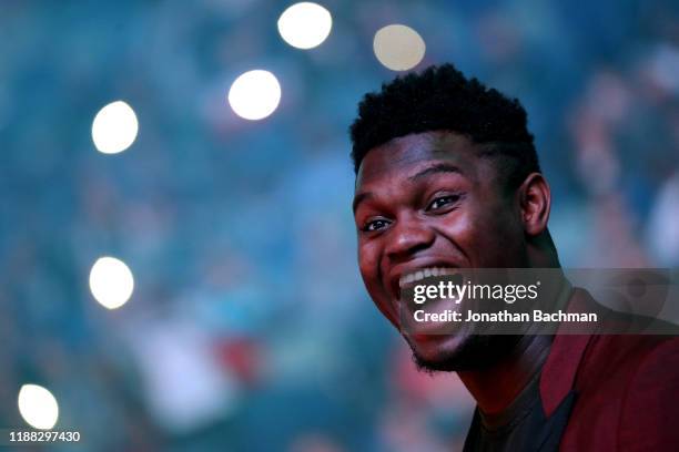 Zion Williamson of the New Orleans Pelicans reacts before a game against the Golden State Warriors at the Smoothie King Center on November 17, 2019...