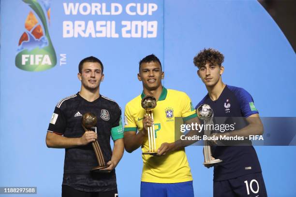 The winners of the Golden Ball award pose for a photo during the Final of the FIFA U-17 World Cup Brazil 2019 between Mexico and Brazil at the...