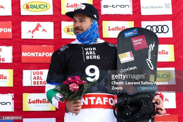 Omar Visintin of Italy takes 3rd place during the FIS Snowboard Ski World Cup Men's and Women's Snowboard Cross on December 13, 2019 in Montafon,...