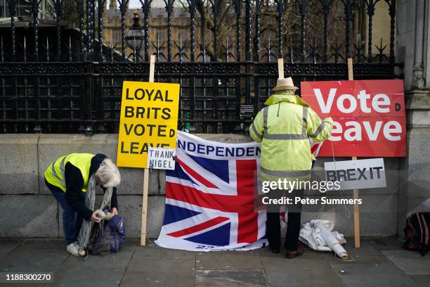 Pro-Brexit supporters protest outside the Houses of Parliament on December 13, 2019 in London, England. Prime Minister Boris Johnson and his party...