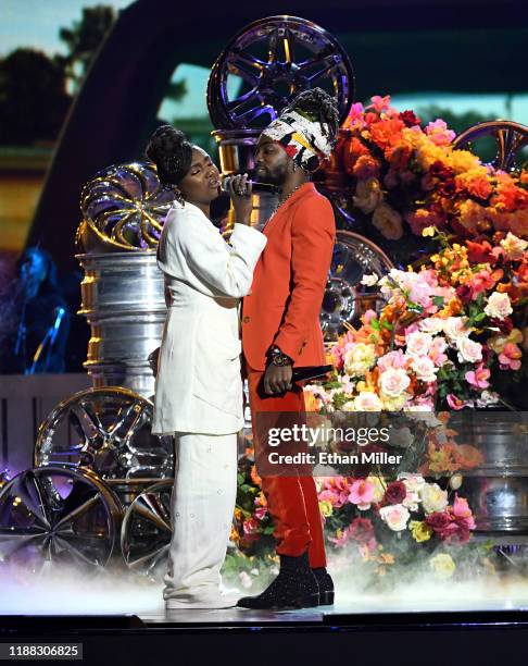 Tiana Major9 and Johnny Venus of EarthGang perform onstage at the 2019 Soul Train Awards presented by BET at the Orleans Arena on November 17, 2019...