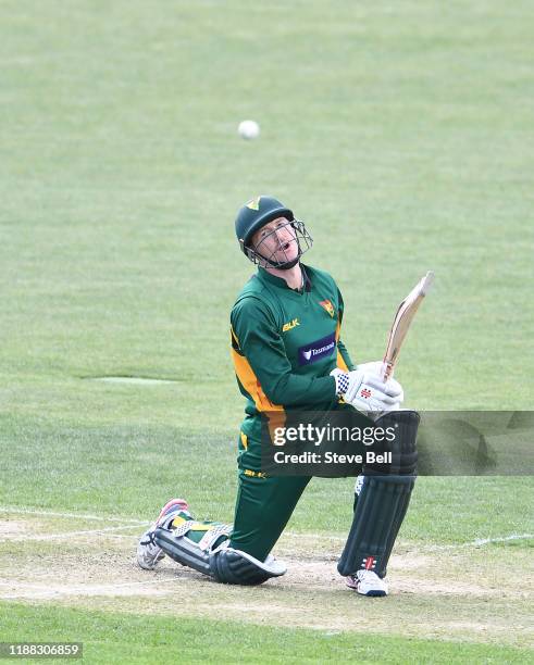 George Bailey of the Tigers gets bowled during the Marsh One Day Cup match between Tasmania and Queensland at Blundstone Arena on November 18, 2019...