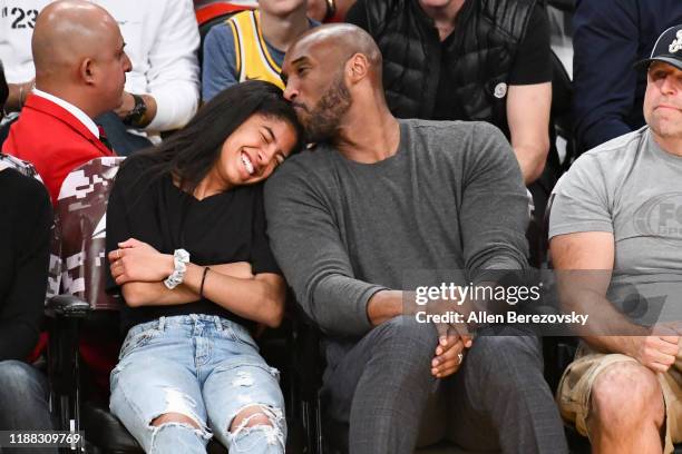 Kobe Bryant and his daughter Gianna Bryant attend a basketball game between the Los Angeles Lakers and the Atlanta Hawks at Staples Center on...