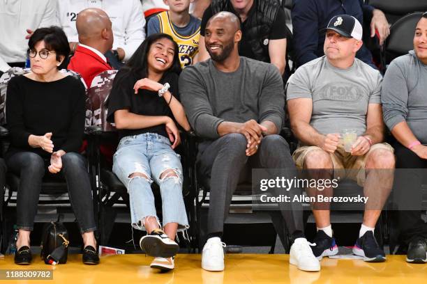 Kobe Bryant and his daughter Gianna Bryant attend a basketball game between the Los Angeles Lakers and the Atlanta Hawks at Staples Center on...