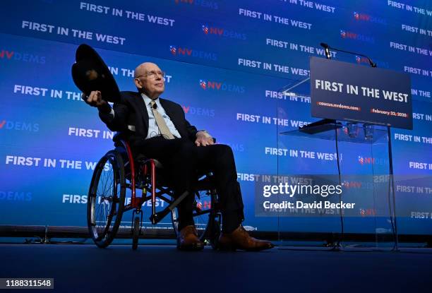 Former U.S. Senate Majority Leader Harry Reid acknowledges the audience during the Nevada Democrats' "First in the West" event at Bellagio Resort &...