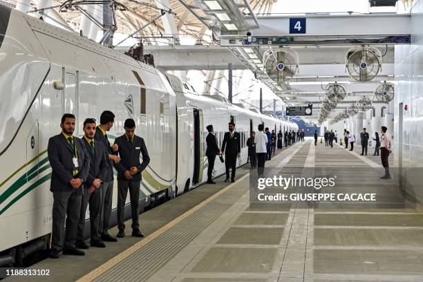 This picture taken on December 12, 2019 shows a view of a Haramain High Speed train, part of a network linking Saudi Arabia's two Muslim holy cities...