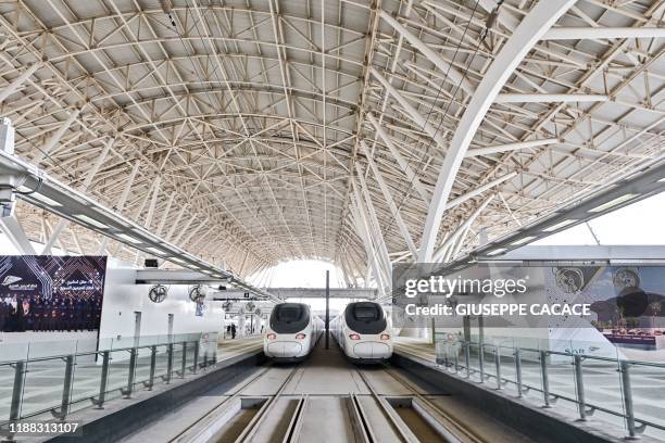 This picture taken on December 12, 2019 shows a view of a Haramain High Speed train, part of a network linking Saudi Arabia's two Muslim holy cities...