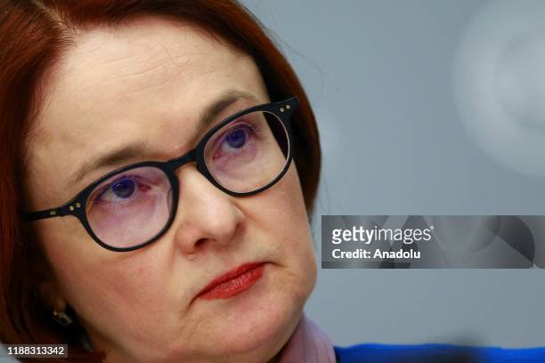 Russian Central Bank Governor Elvira Nabiullina makes a speech during press conference, after bank's decision to cut interest rates from 6.50% to...