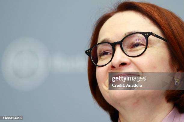 Russian Central Bank Governor Elvira Nabiullina makes a speech during press conference, after bank's decision to cut interest rates from 6.50% to...