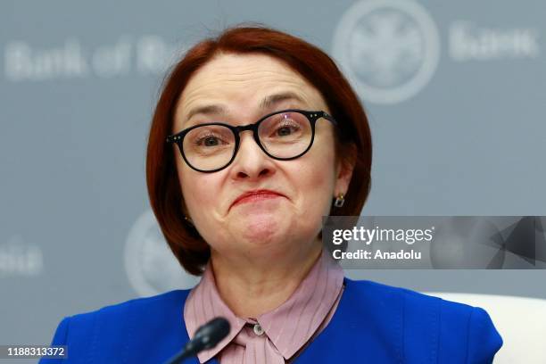 Russian Central Bank Governor Elvira Nabiullina makes a speech during press conference, after bank's decision to cut interest rates from 6.50% to...