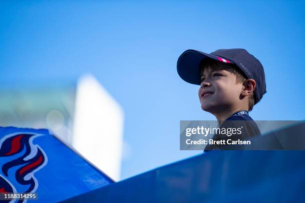 Young Tennessee Titans fan watches game action during the second quarter against the Kansas City Chiefs at Nissan Stadium on November 10, 2019 in...