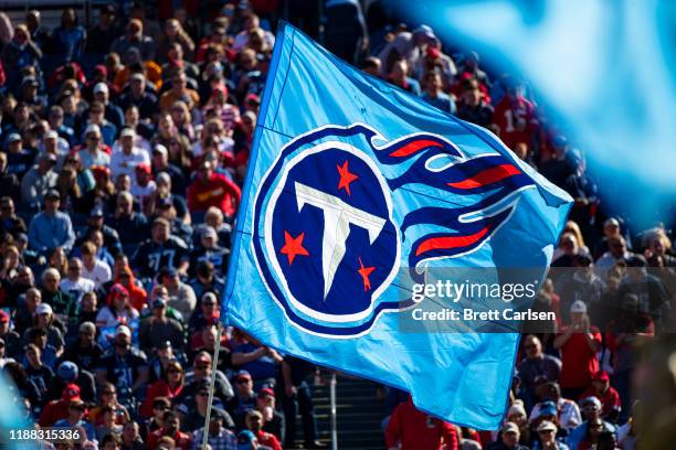 Detail view of Tennessee Titans logo flag during the first half of a game against the Kansas City Chiefs at Nissan Stadium on November 10, 2019 in...