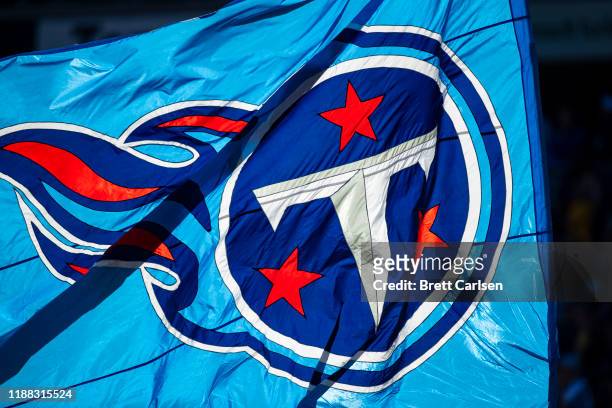 Detail view of Tennessee Titans logo flag during the first half of a game against the Kansas City Chiefs at Nissan Stadium on November 10, 2019 in...